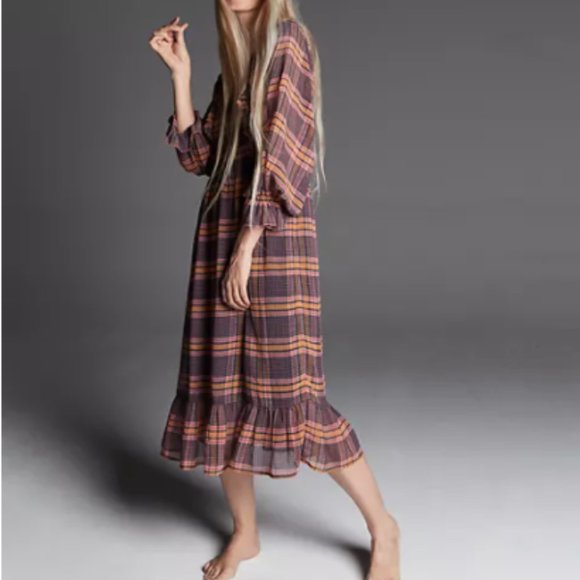 Madewell Sheer Plaid Full-Sleeve Ruffle Dress - Picture 1 of 9